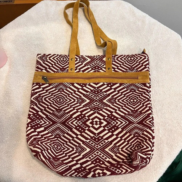 Boho Tote Bag Maroon Woven Ethnic Pockets Geometric Shoulder Leather Straps - Picture 2 of 14